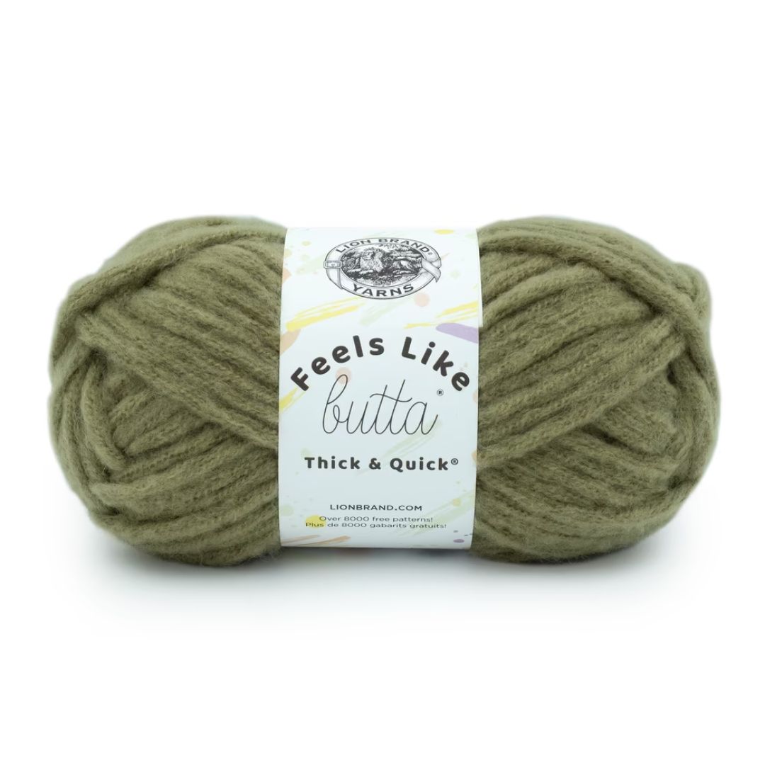 A dark olive green, super fluffy skein of yarn.