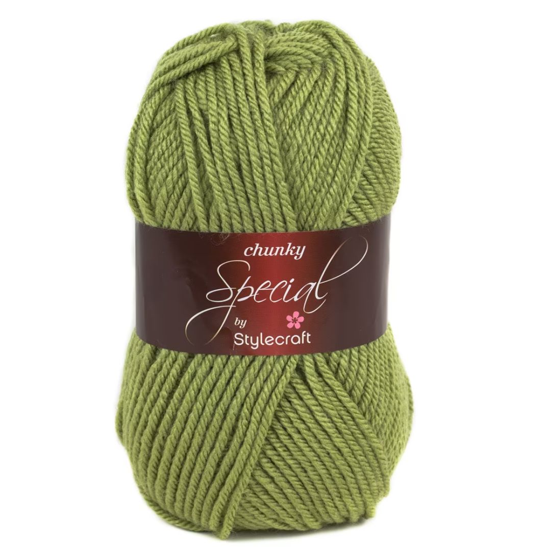An olive green skein of yarn.