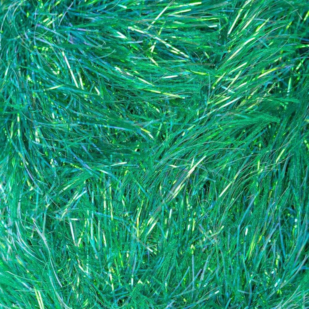A close-up of green tinsel yarn.