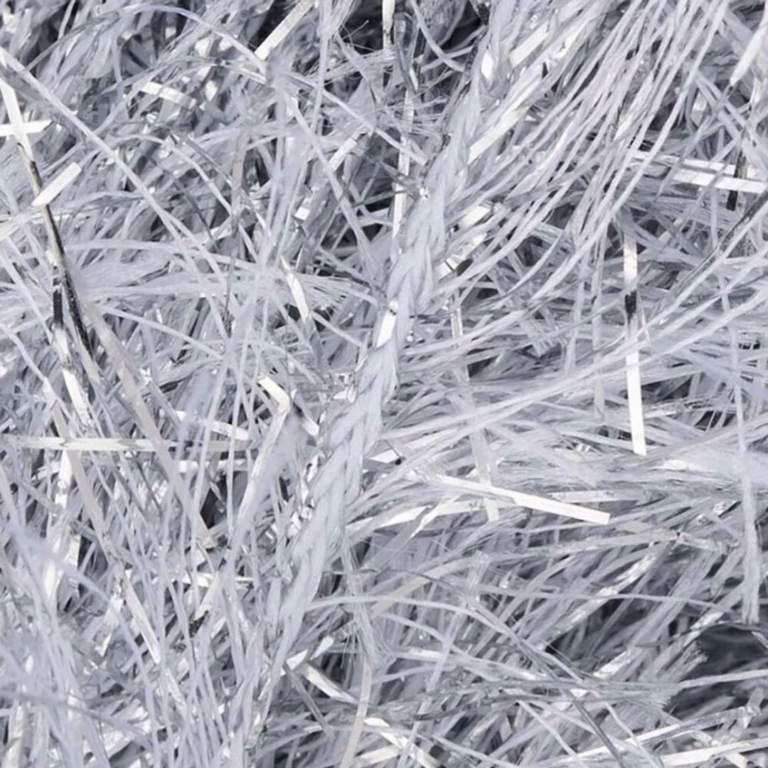 Close-up of silver tinsel yarn.