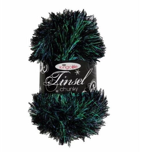 A skein of green and black tinsel yarn.