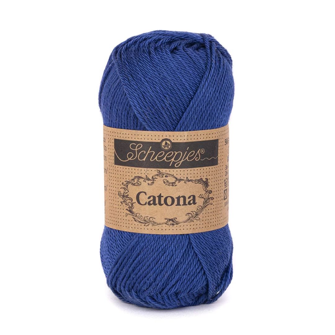 A deep blue skein of Scheepjes Catona yarn.