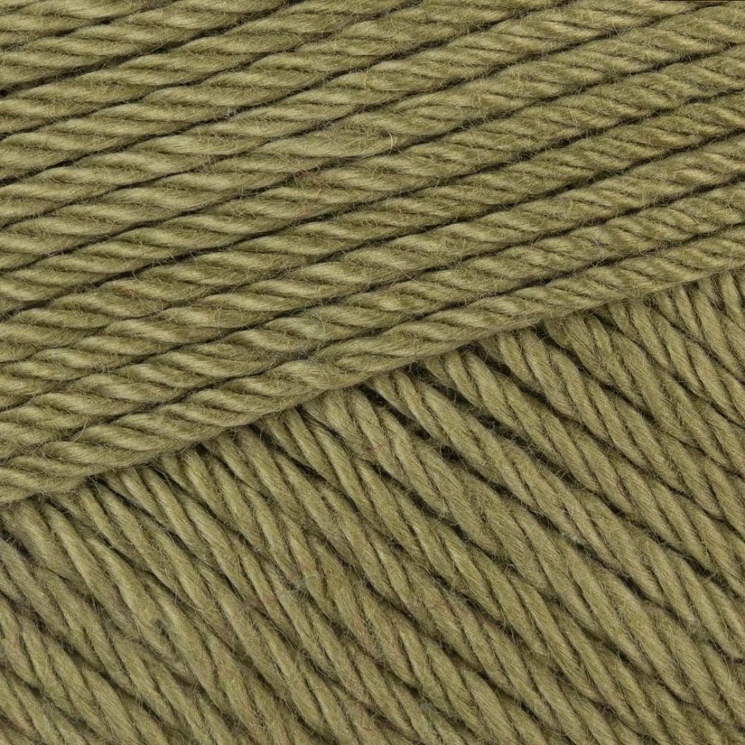 A close-up of a muddy olive green skein of Scheepjes Catona yarn.