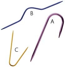 A set of three cable needles in purple, yellow, and blue. They are each a slightly different shape.