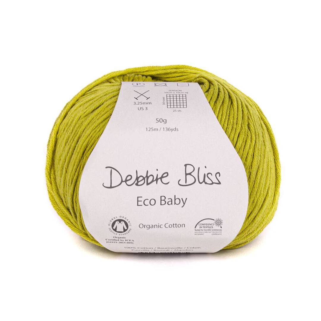 A ball of chartreuse Debbie Bliss Eco Baby cotton yarn.