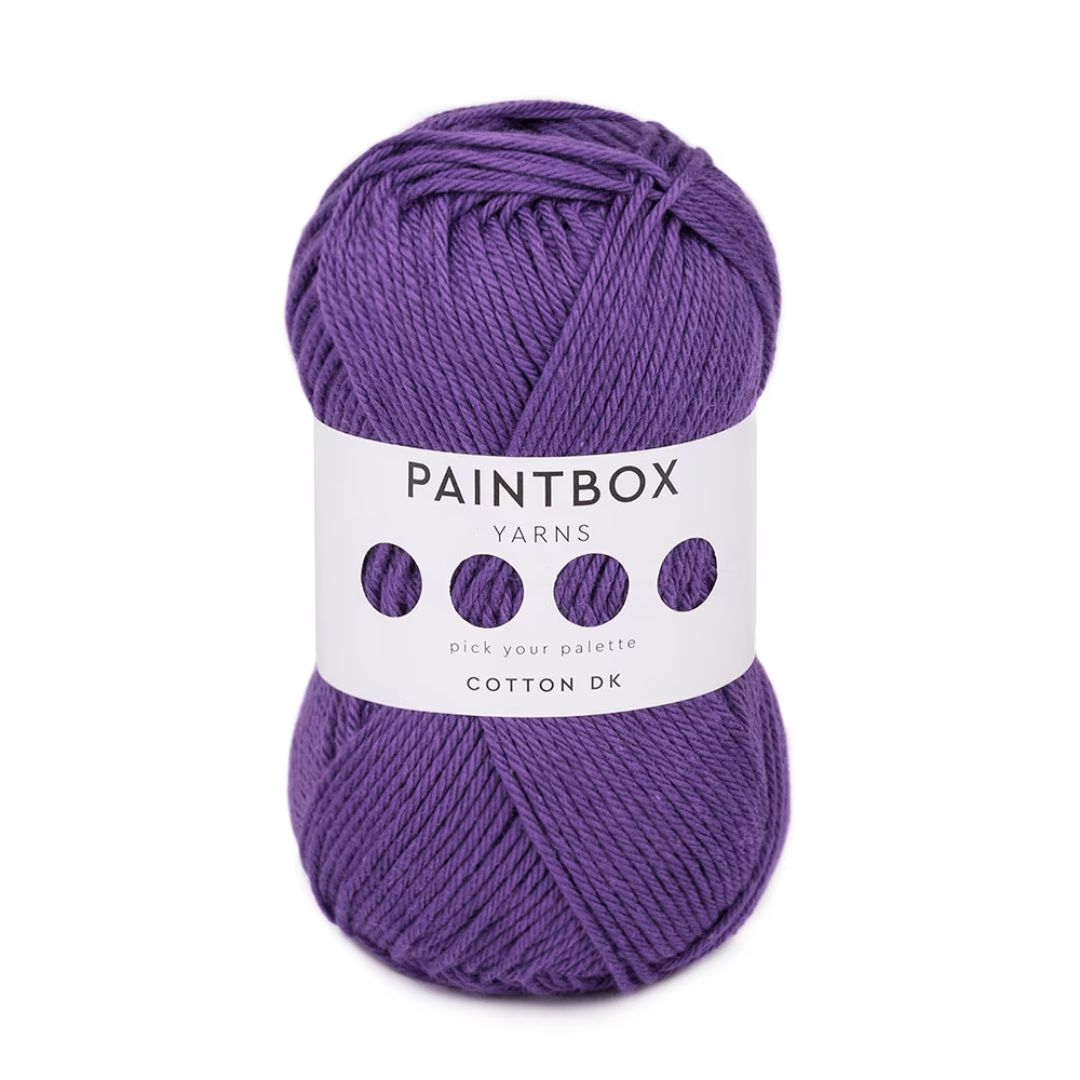 A ball of purple Paintbox Yarns Cotton DK yarn.