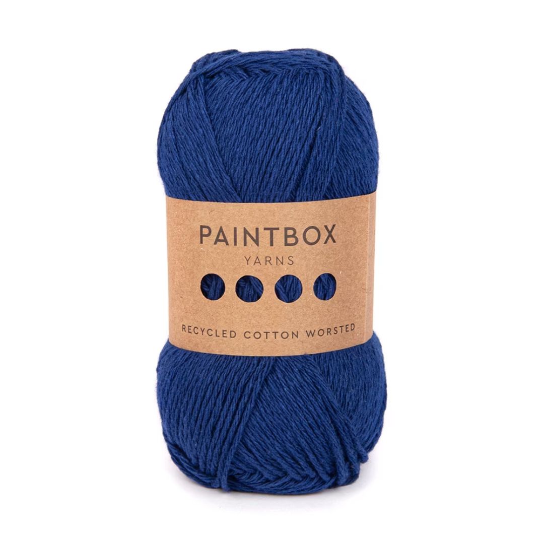 A ball of dark blue Paintbox Yarns Recycled Cotton Worsted yarn.