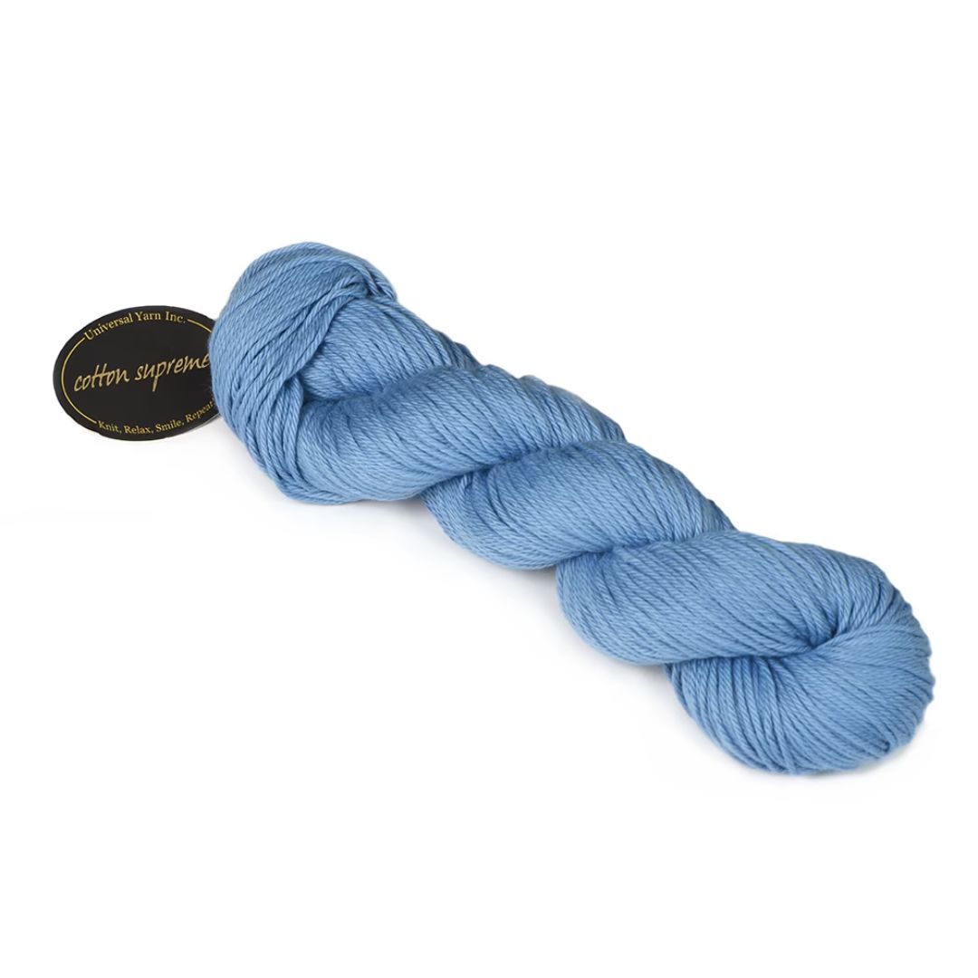 A hank of blue Cotton Supreme yarn.