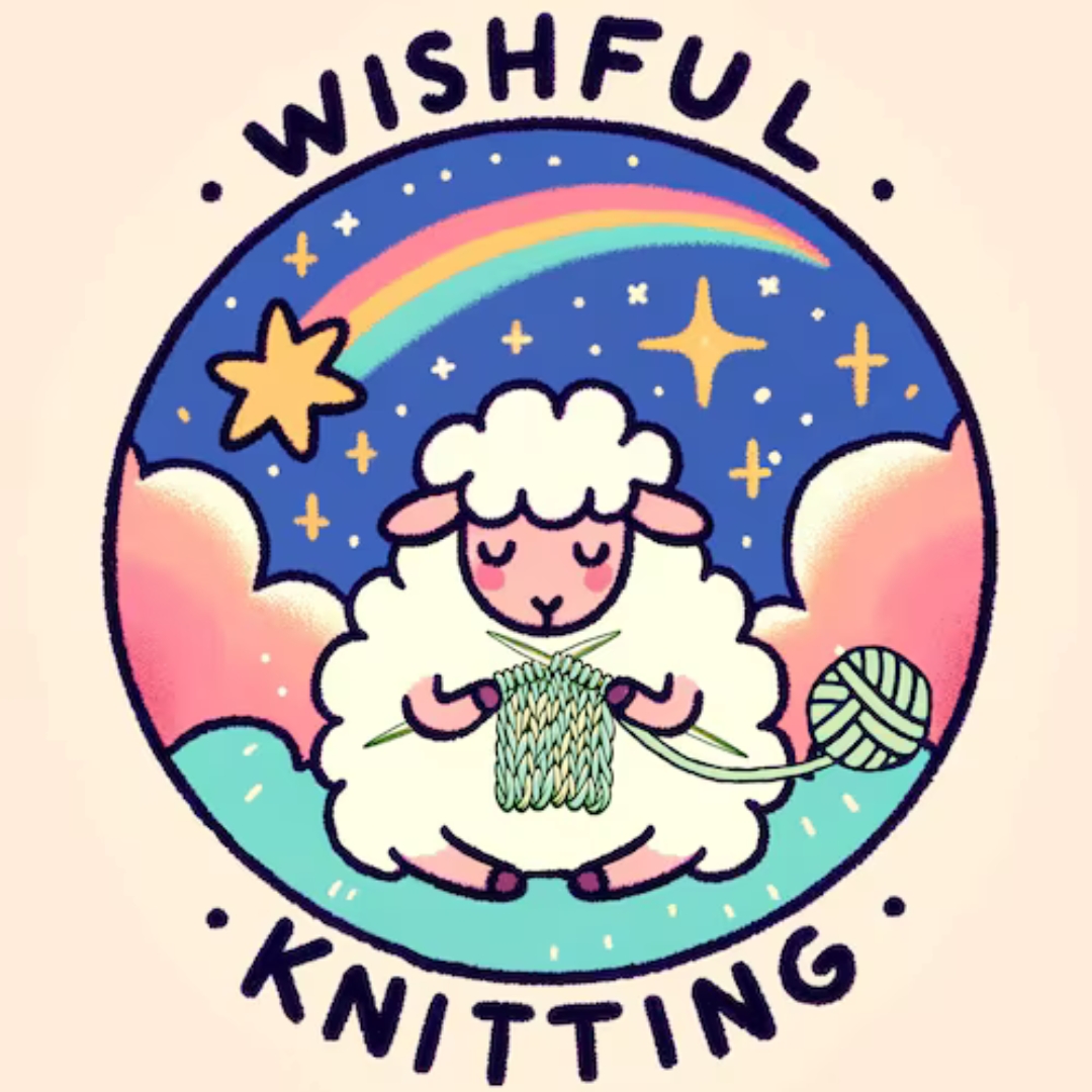 WishfulKnittingShop's Etsy logo, which includes a sheep knitting under a shooting star.