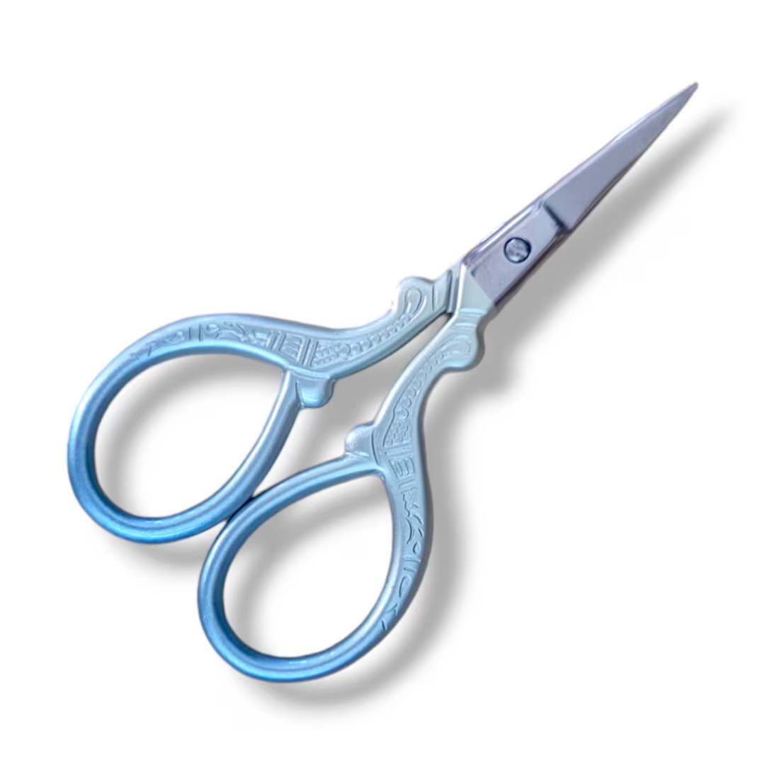 Small yarn scissors with a pastel blue finish.