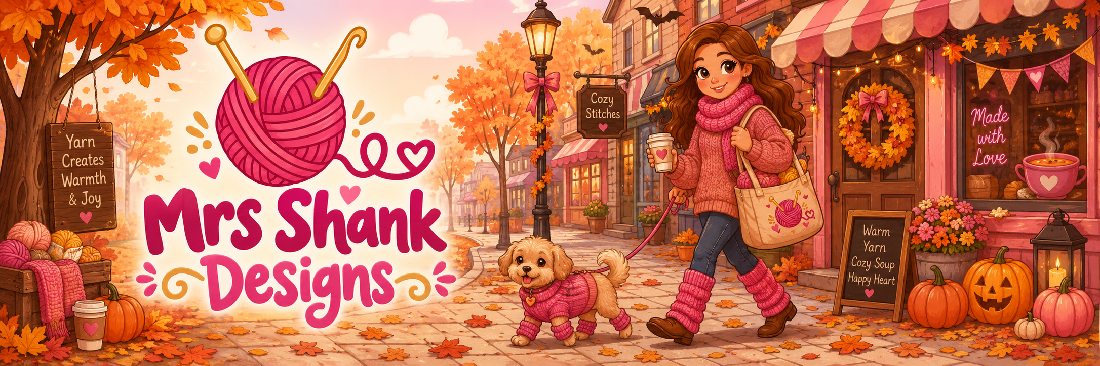 Mrs Shank Designs autumn yarn village header illustration