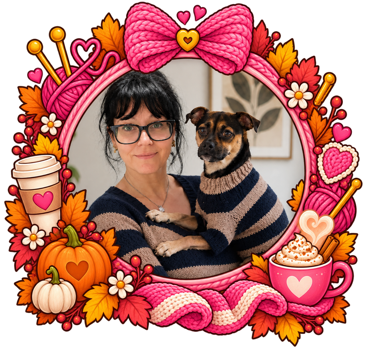 Maytina and Nacho in matching sweaters inside a pink autumn yarn frame