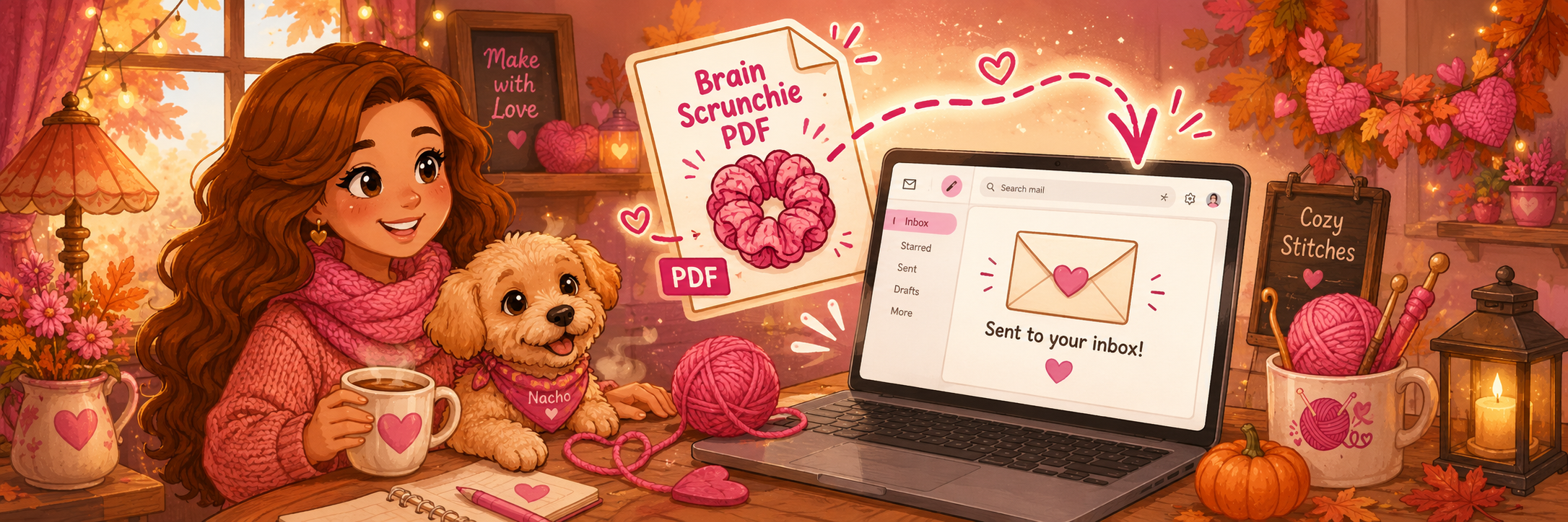 Illustrated cozy autumn scene showing the Brain Scrunchie PDF on its way to an inbox