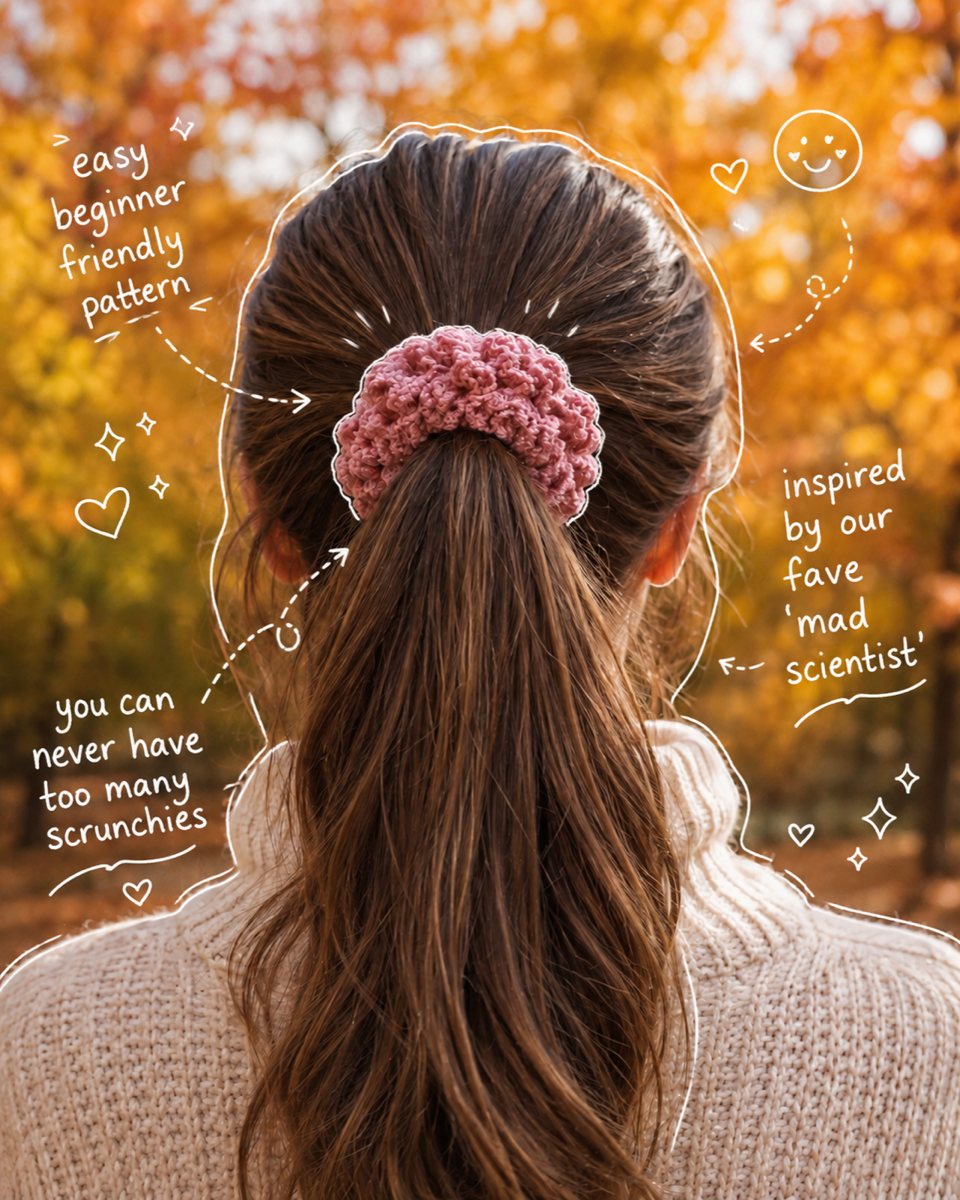 Pink ruffled crochet Brain Scrunchie in a ponytail with playful hand-drawn notes over the photo