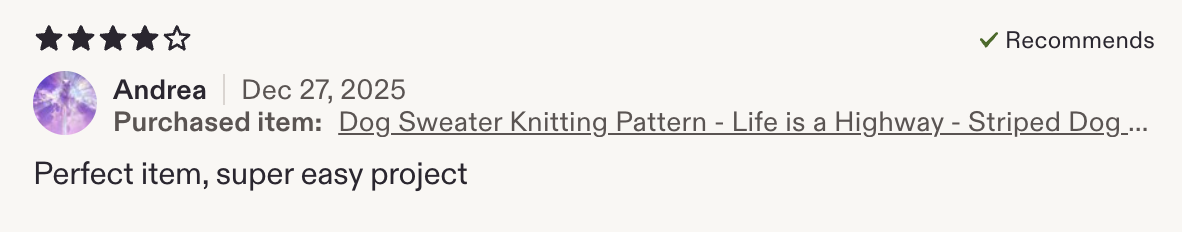 Etsy review from Andrea saying Perfect item, super easy project
