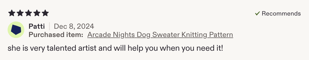 Etsy review from Patti praising the designer's help