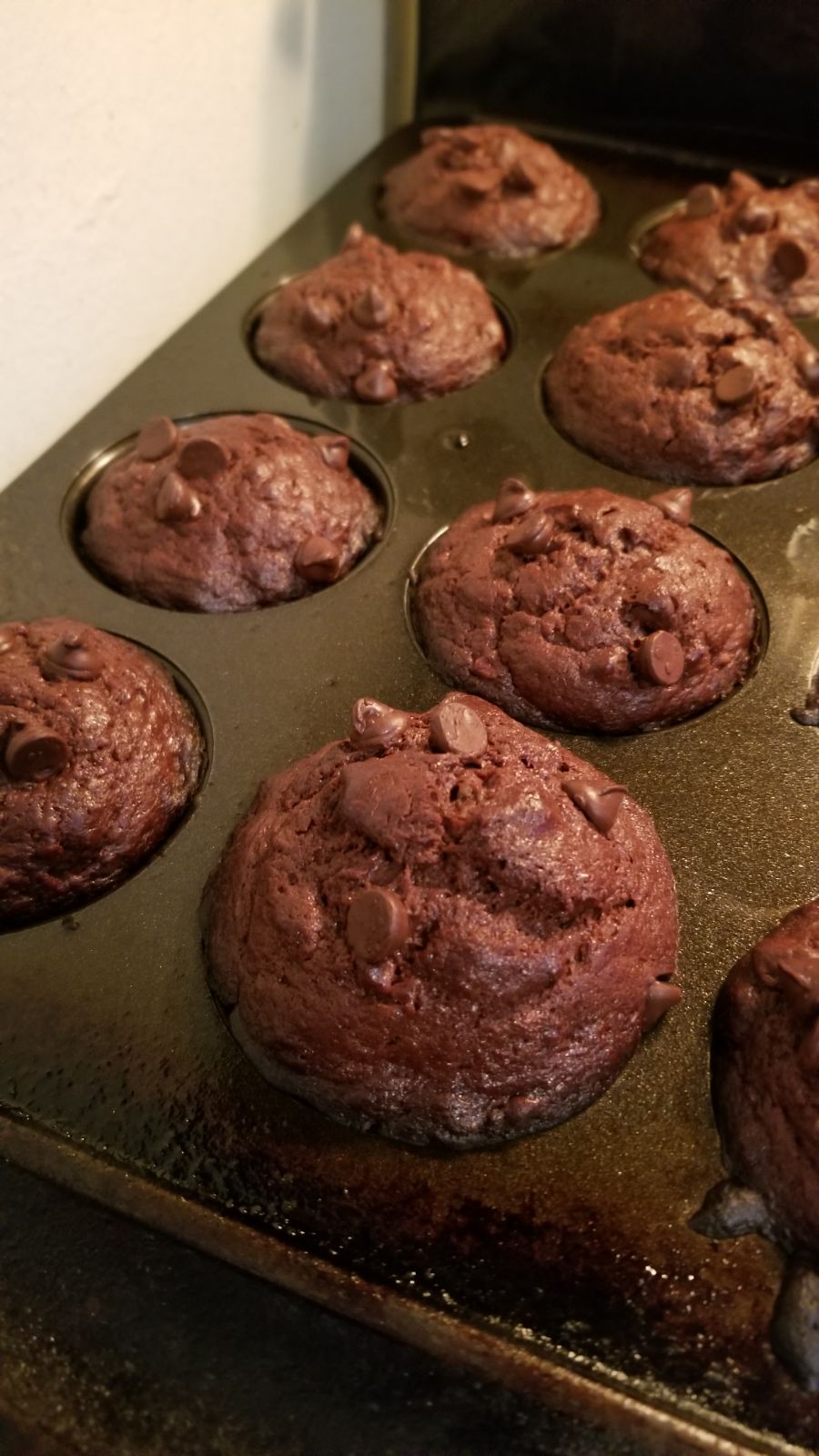 Chocolate chip muffins in a baking tin