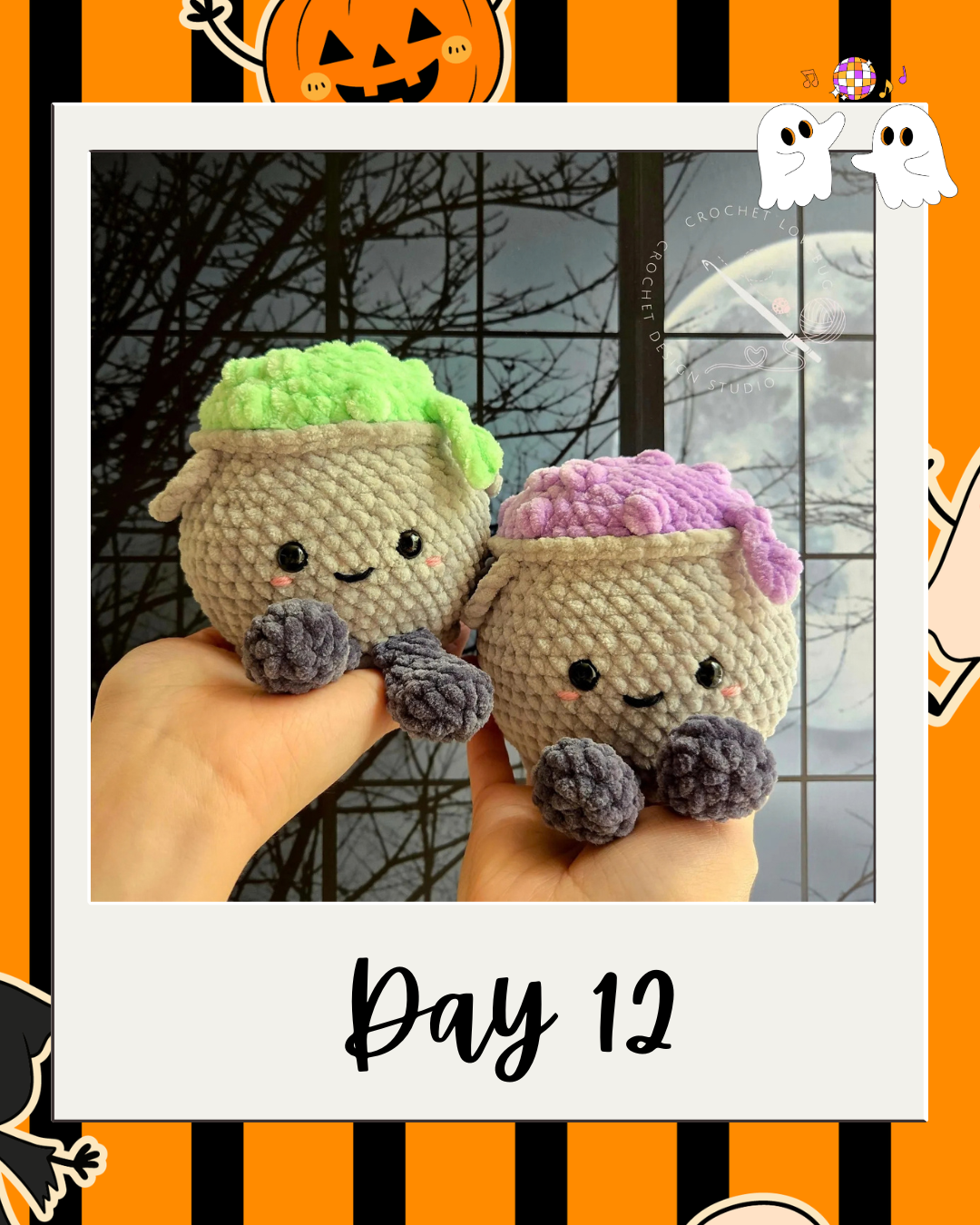 Day 12 Haunted Yarn Ball pattern revealer card.