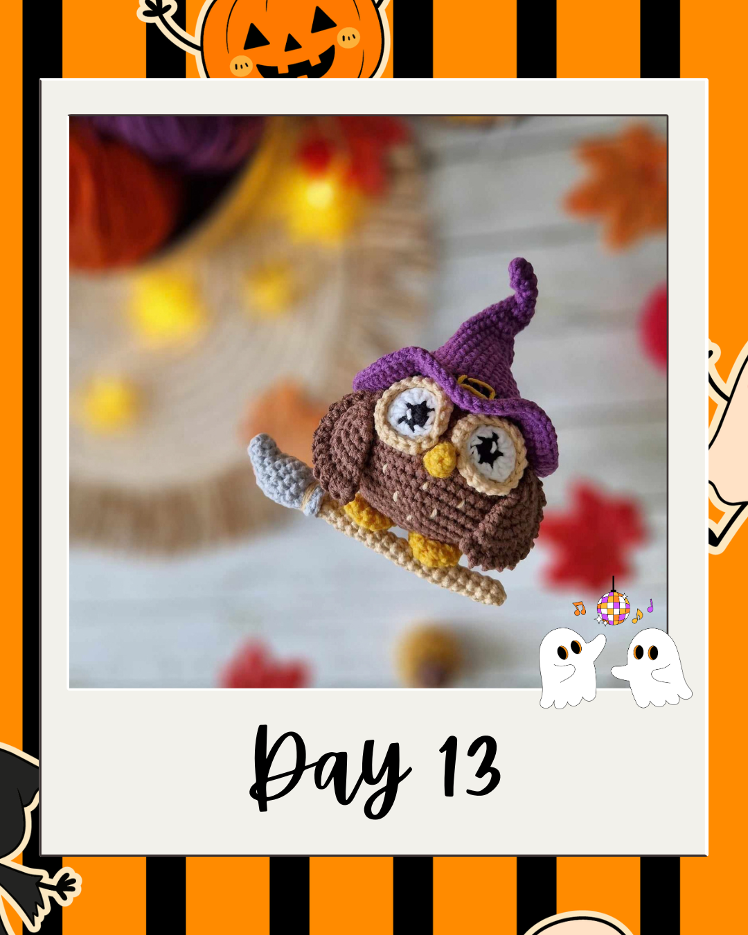 Day 13 Haunted Yarn Ball pattern revealer card.