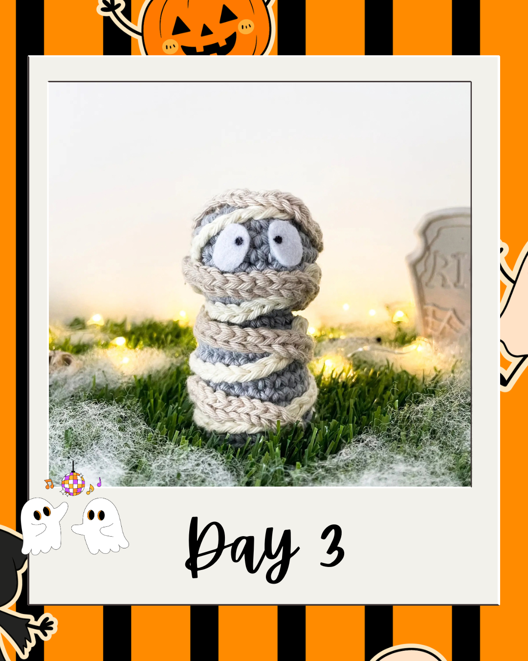 Day 3 Haunted Yarn Ball pattern revealer card.