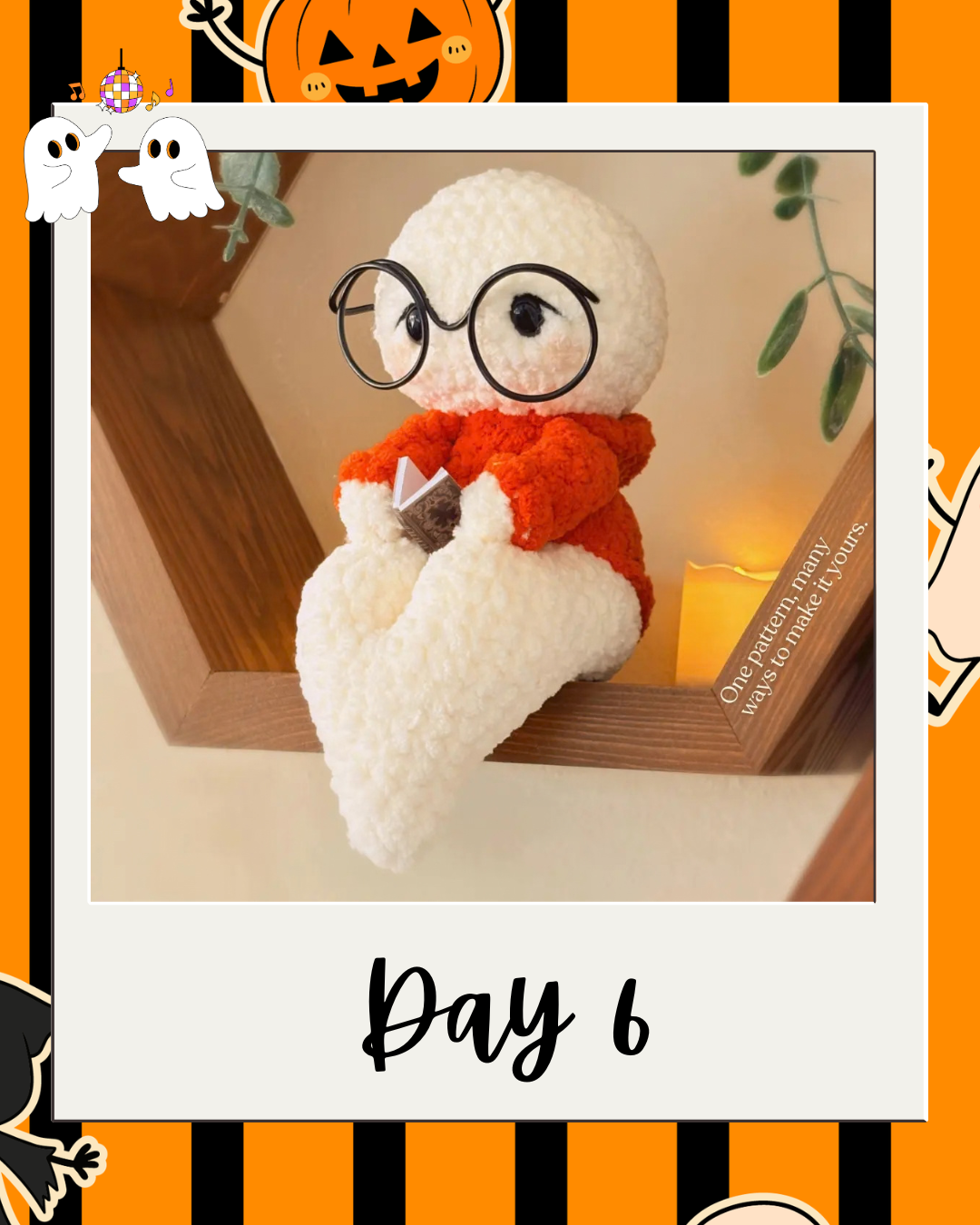 Day 6 Haunted Yarn Ball pattern revealer card.