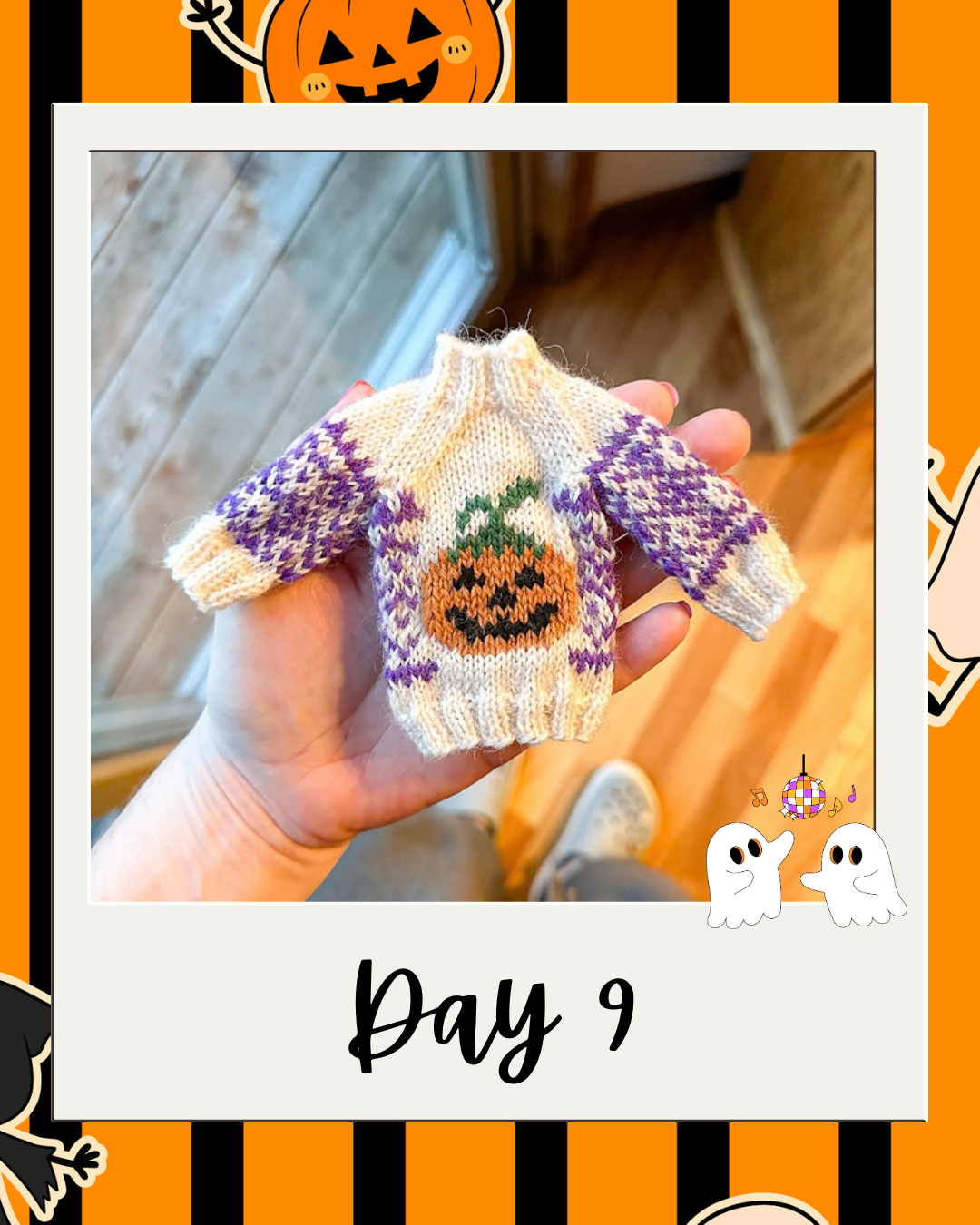 Day 9 Haunted Yarn Ball pattern revealer card.