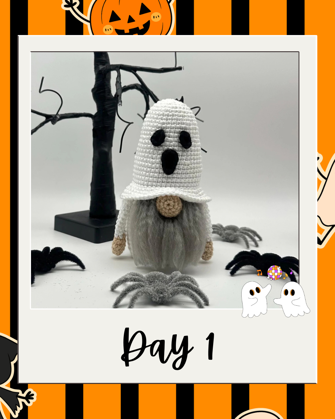 Day 1 Haunted Yarn Ball pattern revealer card.