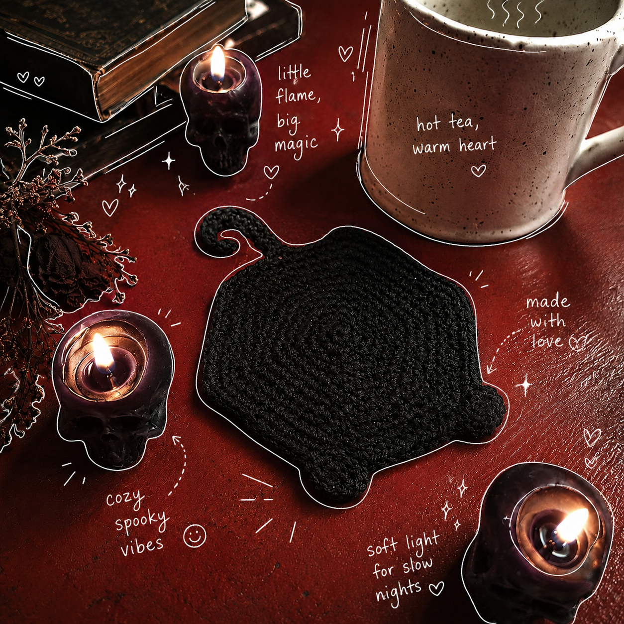 Black crochet Binx Bum Coaster styled with candles, tea, and spooky doodle notes