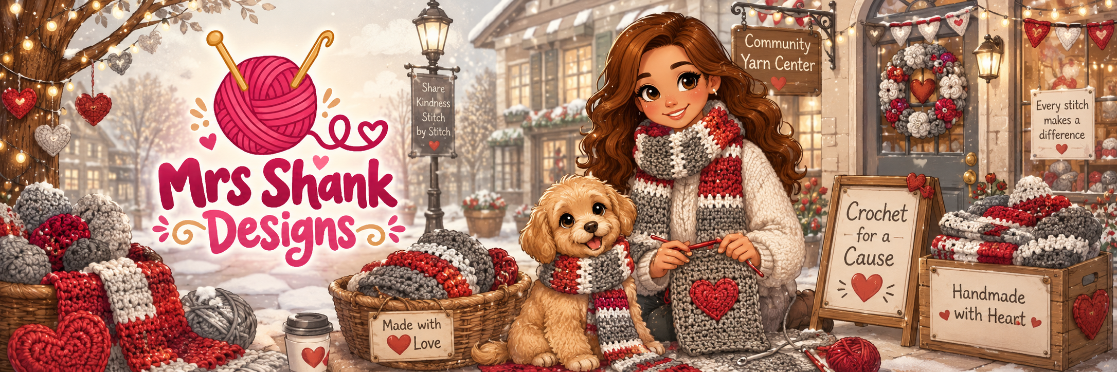 Mrs Shank Designs Crochet for Charity illustrated yarn village header