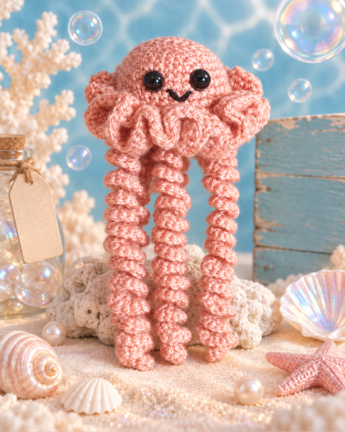 Jellyfish, crochet curly-tentacle toy