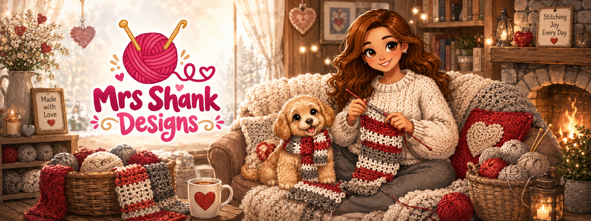 Mrs Shank Designs cozy stitching room header with yarn, handmade projects, and puppy companion