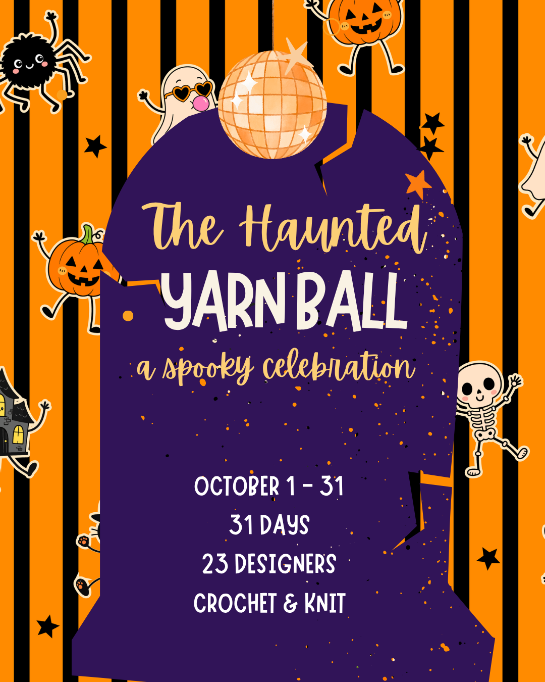 The Haunted Yarn Ball Halloween pattern event artwork with a haunted house and ghosts.