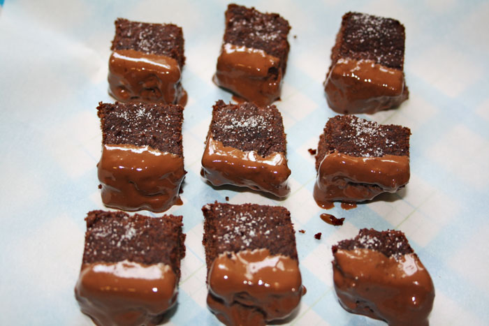 Chocolate shortbread bites dipped in chocolate.