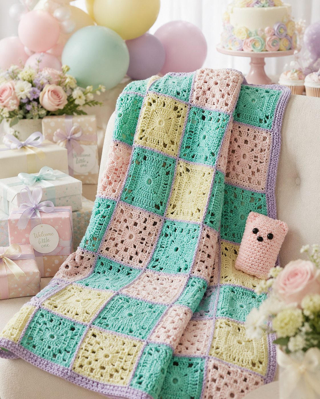 Pastel patchwork crochet Judy's Blanket draped over a chair with baby shower gifts and balloons