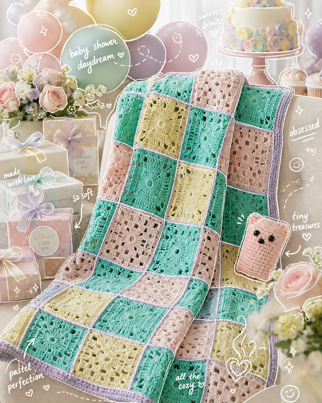 Judy's Blanket in a pastel baby shower scene with hand-drawn notes