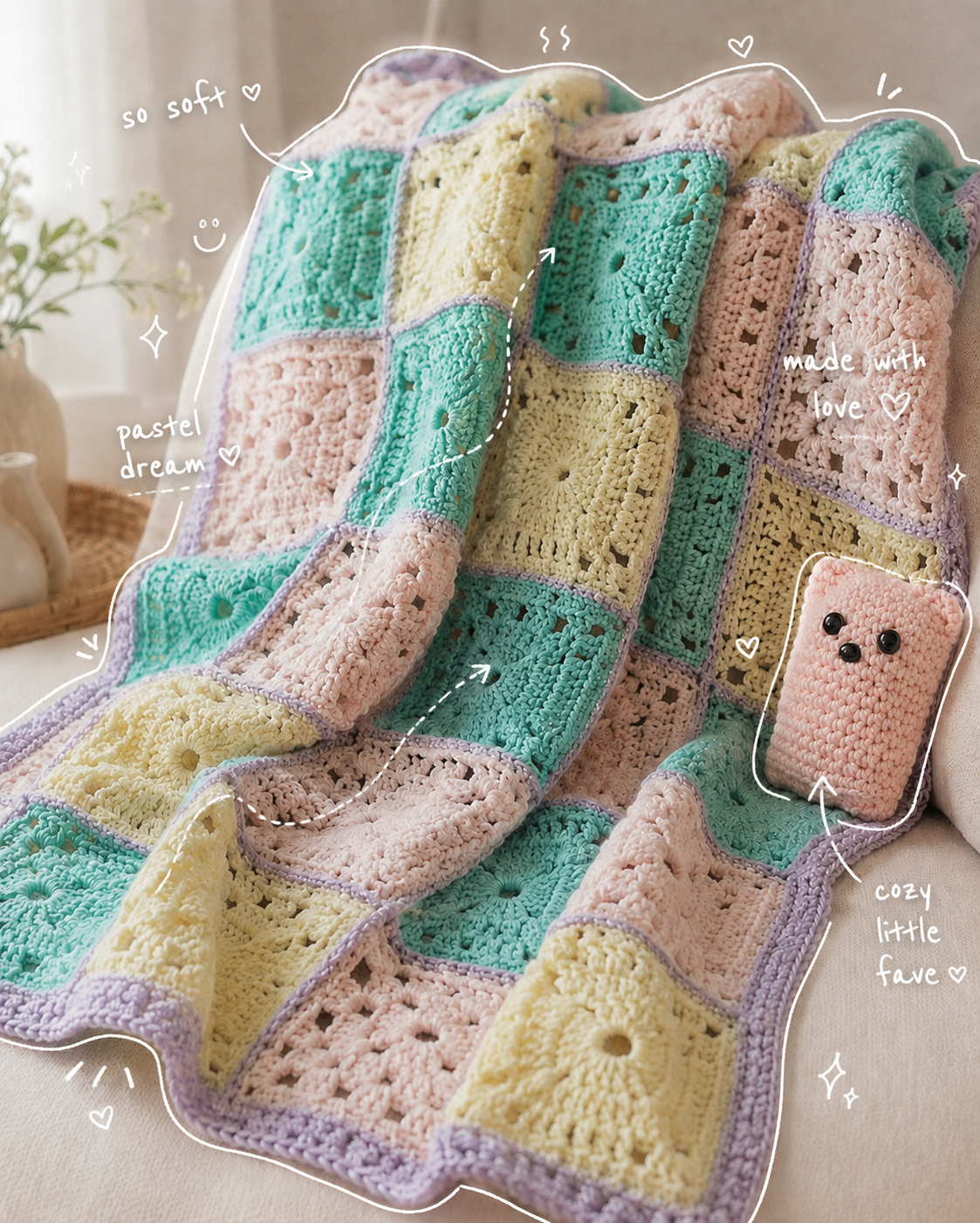 Judy's Blanket with hand-drawn notes highlighting the soft pastel details
