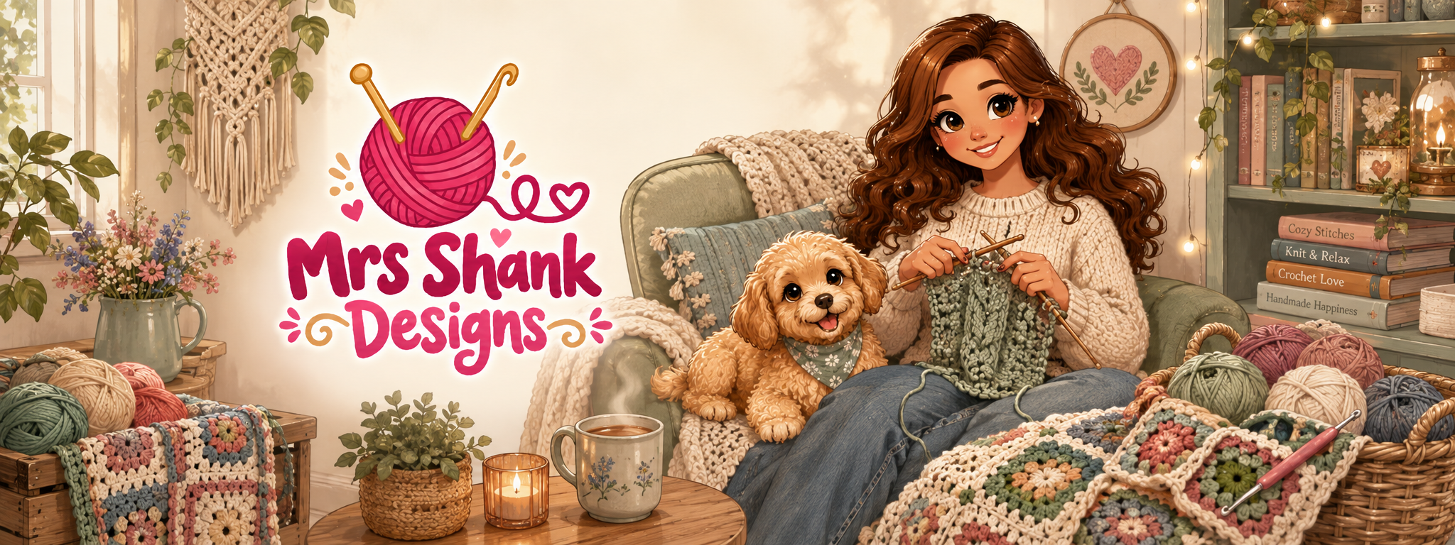 Mrs Shank Designs cozy stitching room with yarn, handmade projects, and puppy companion