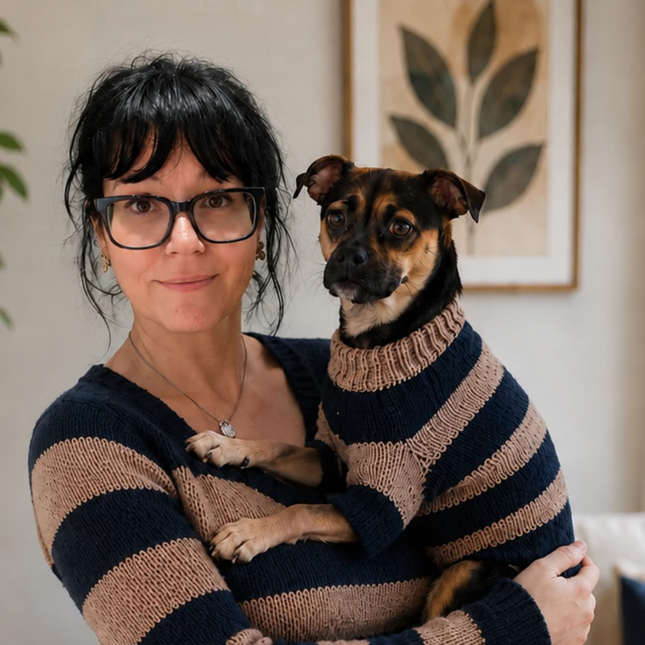 Maytina Shank holding Nacho, both wearing coordinating knit sweaters.