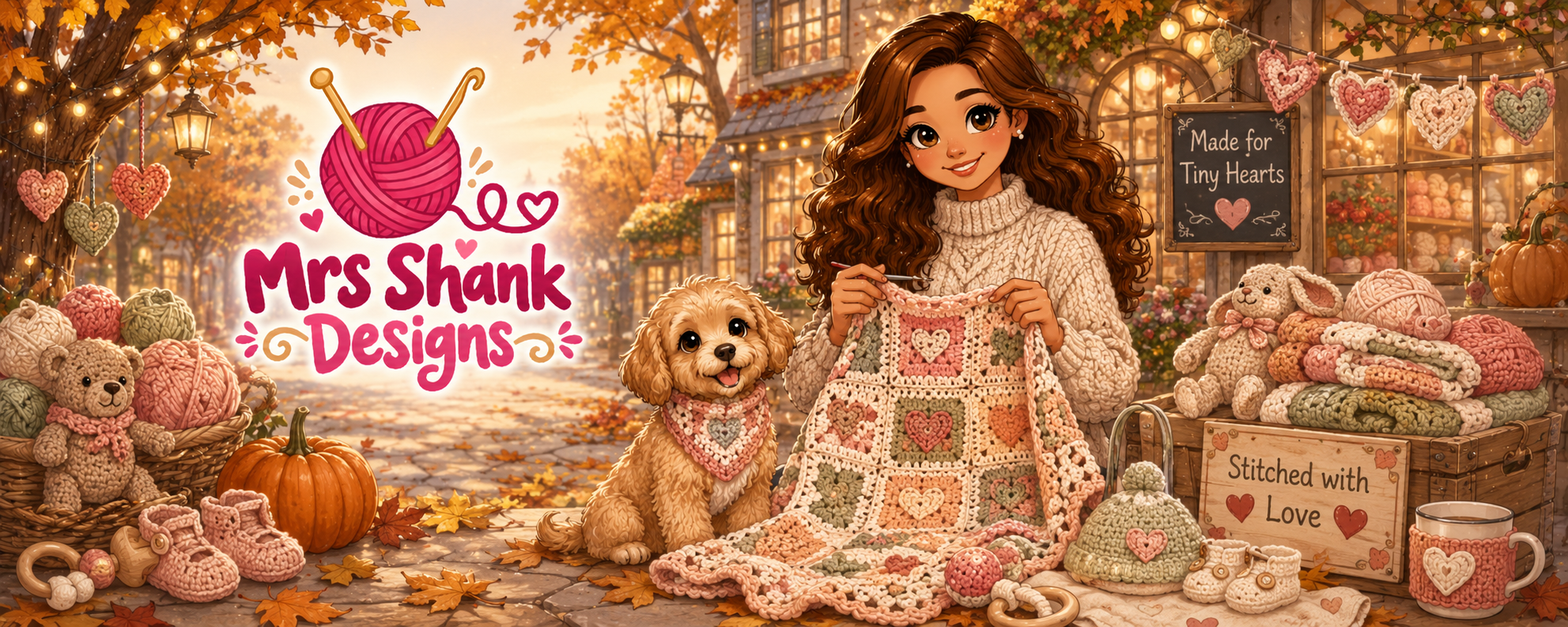 Mrs Shank Designs Preemie Crochet Challenge header with tiny handmade blanket, baby items, and puppy companion