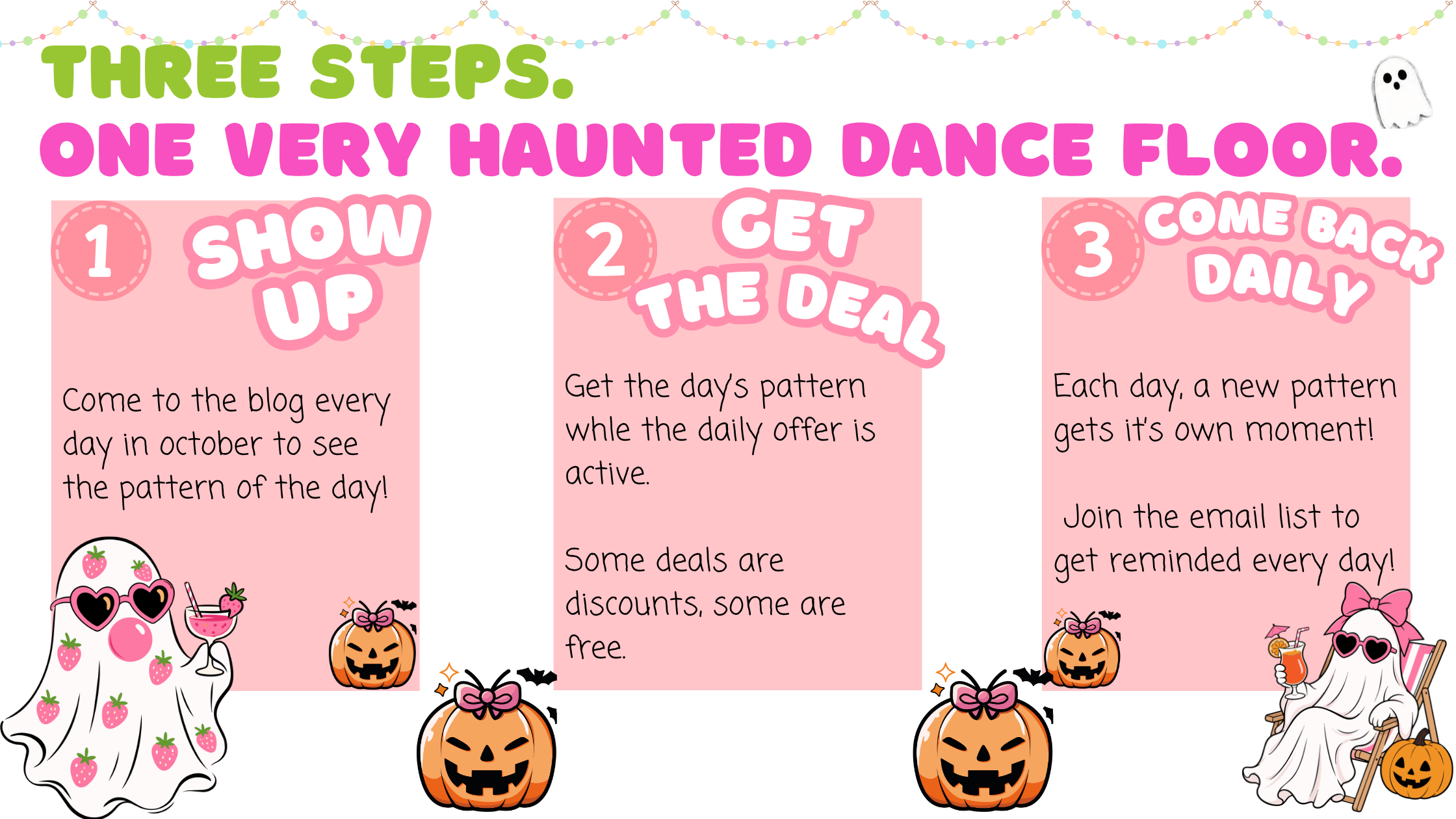 Three illustrated Haunted Yarn Ball steps: show up, snag the deal, and come back.