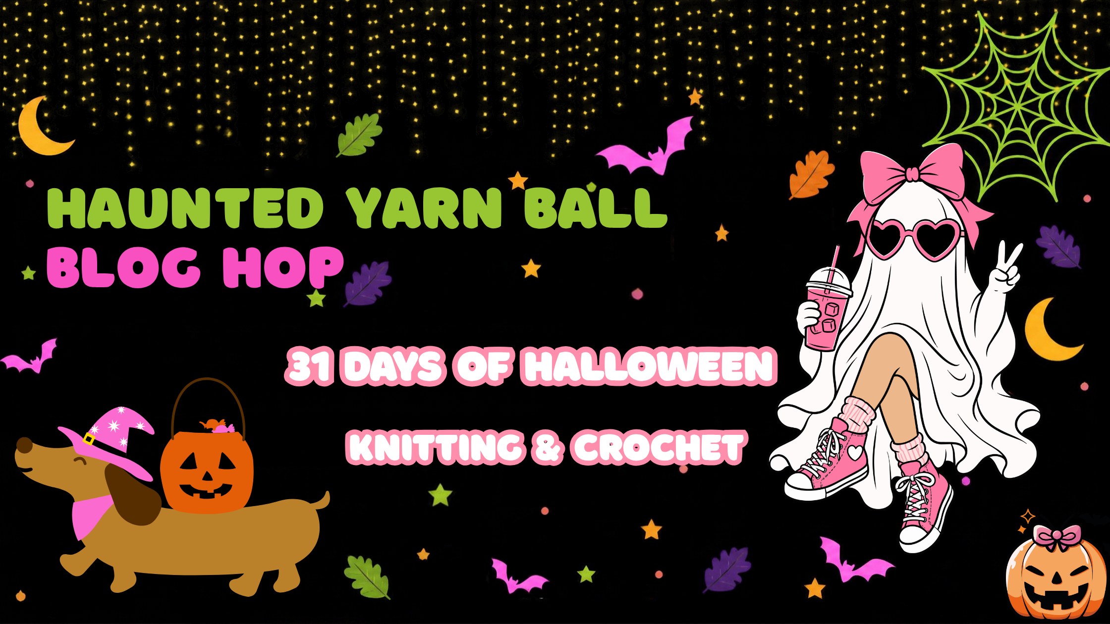 Haunted Yarn Ball Blog Hop title graphic for 31 days of Halloween knitting and crochet.