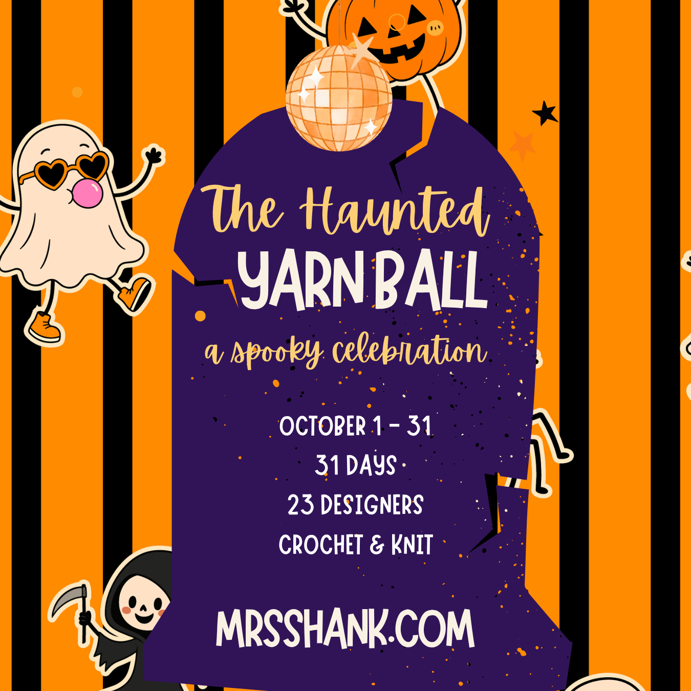 The Haunted Yarn Ball Halloween pattern event artwork with a haunted house and ghosts.
